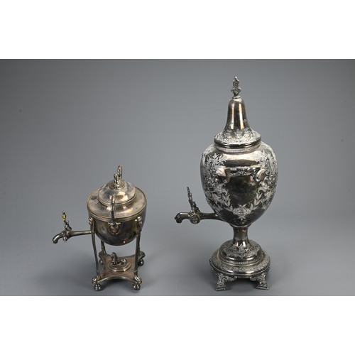 357 - TWO 19TH CENTURY SILVER-PLATED TEA URNS. The first, Sheffield plated example, marked for Ashberry, o... 