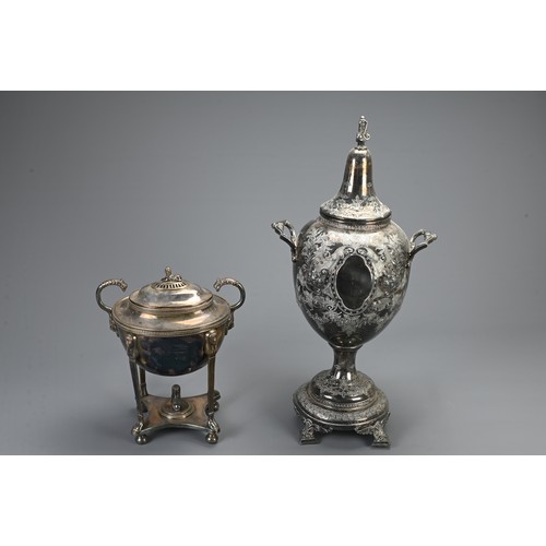 357 - TWO 19TH CENTURY SILVER-PLATED TEA URNS. The first, Sheffield plated example, marked for Ashberry, o... 