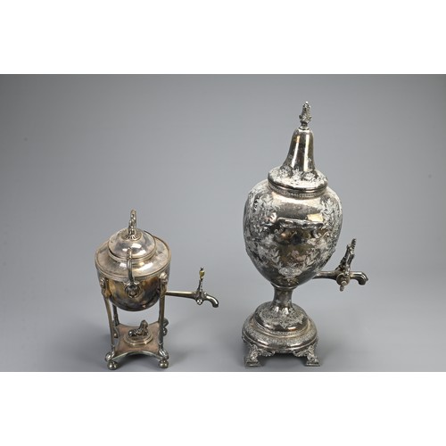 357 - TWO 19TH CENTURY SILVER-PLATED TEA URNS. The first, Sheffield plated example, marked for Ashberry, o... 