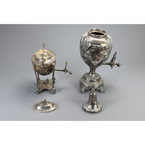 357 - TWO 19TH CENTURY SILVER-PLATED TEA URNS. The first, Sheffield plated example, marked for Ashberry, o... 