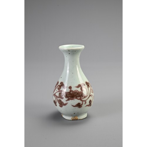 172 - A CHINESE COPPER RED DECORATED PEAR SHAPED BOTTLE VASE, YUAN DYNASTY OR LATER. Pear shaped with ever... 