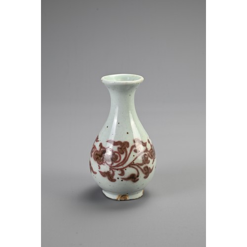 172 - A CHINESE COPPER RED DECORATED PEAR SHAPED BOTTLE VASE, YUAN DYNASTY OR LATER. Pear shaped with ever... 