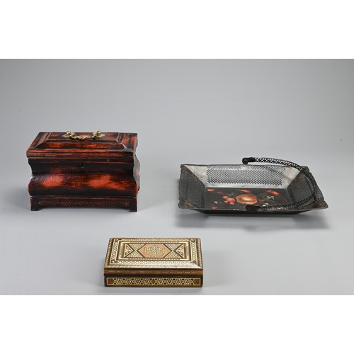 354 - A 19TH CENTURY PAINTED TOLE BOIS SIMULE TEA CADDY, A MIDDLE EASTERN INLAID BOX AND COVER AND A PAINT... 