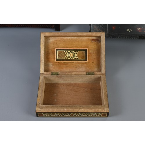 354 - A 19TH CENTURY PAINTED TOLE BOIS SIMULE TEA CADDY, A MIDDLE EASTERN INLAID BOX AND COVER AND A PAINT... 