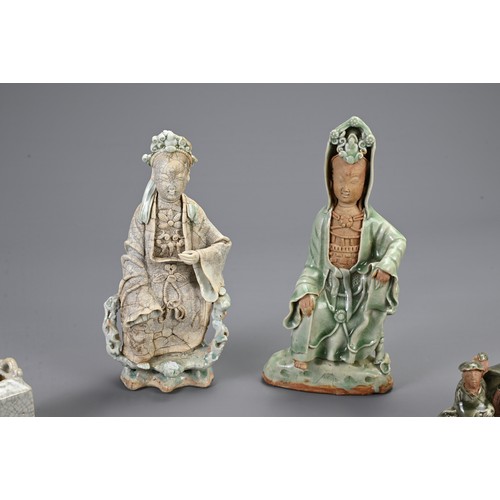 180 - A GROUP OF CHINESE CERAMIC ITEMS, SONG DYNASTY STYLE. Two include a Qingbai type glazed figure of Gu... 