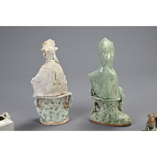 180 - A GROUP OF CHINESE CERAMIC ITEMS, SONG DYNASTY STYLE. Two include a Qingbai type glazed figure of Gu... 