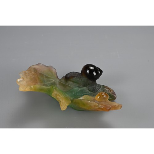 350 - A DAUM FROSTED PATE-DE-VERRE LEAF DISH MOULDED WITH TWO SNAILS. Incised Daum/France to base, natural... 