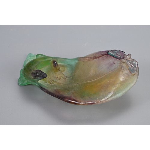 351 - A DAUM FROSTED PATE-DE-VERRE LEAF DISH MOULDED WITH A LIZARD. Incised Daum/France to base, naturalis... 