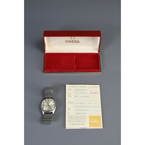 347 - AN OMEGA GENEVE STAINLESS STEEL GENTLEMAN'S WRISTWATCH, WITH ORIGINAL BOX AND GUARANTEE. On expandin... 