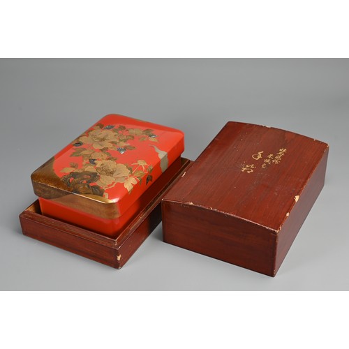 311 - A JAPANESE MEIJI/TAISHO VERMILLION LACQUER DOCUMENT BOX (BUNKO), EARLY 20TH CENTURY. With superb peo... 