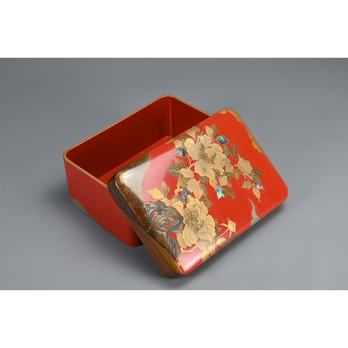 311 - A JAPANESE MEIJI/TAISHO VERMILLION LACQUER DOCUMENT BOX (BUNKO), EARLY 20TH CENTURY. With superb peo... 