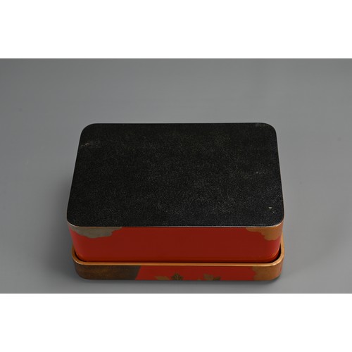 311 - A JAPANESE MEIJI/TAISHO VERMILLION LACQUER DOCUMENT BOX (BUNKO), EARLY 20TH CENTURY. With superb peo... 