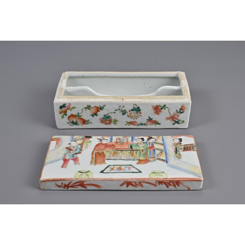 154 - A CHINESE FAMILLE ROSE PEN BOX AND COVER, 19TH CENTURY. Of rectangular form with two compartments to... 