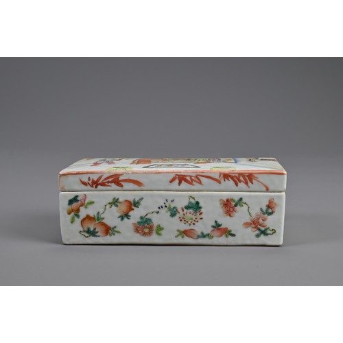 154 - A CHINESE FAMILLE ROSE PEN BOX AND COVER, 19TH CENTURY. Of rectangular form with two compartments to... 