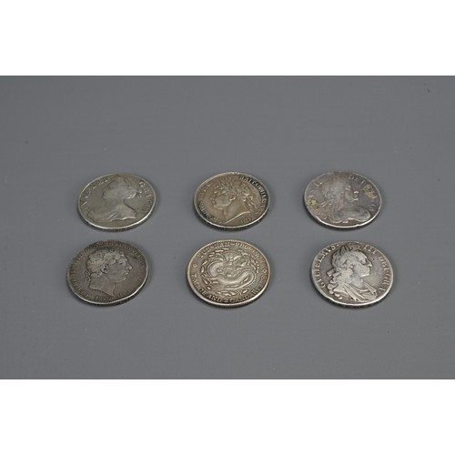 334 - FIVE ENGLISH CROWNS AND A CHINESE COIN. Comprising: a Charles II 1660, a William IV 1695, a 1707 Que... 