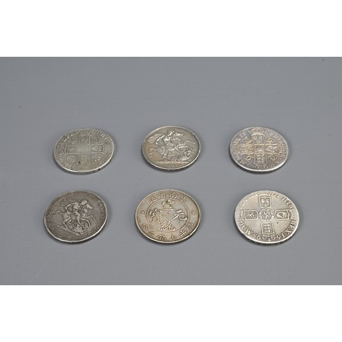 334 - FIVE ENGLISH CROWNS AND A CHINESE COIN. Comprising: a Charles II 1660, a William IV 1695, a 1707 Que... 