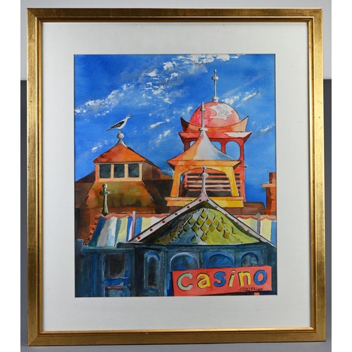 320 - A FRAMED WATERCOLOUR ON PAPER OF ENGLISH PIER, JILL PHIPPS. Colourful artwork of buildings and casin... 