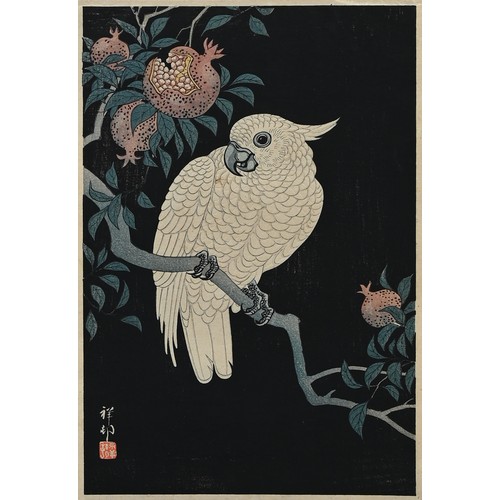 231 - A JAPANESE WOODBLOCK PRINT OF A COCKATOO, OHARA KOSON. Original woodblock print of a cockatoo on pom... 