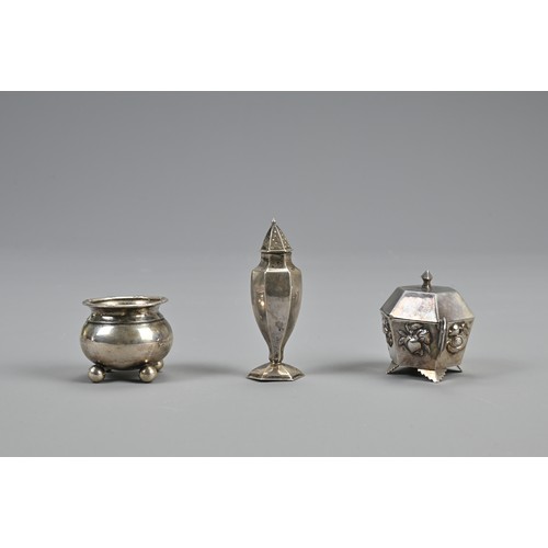 118 - THREE CHINESE SILVER CRUET ITEMS AND PAINTED BOOKLET, EARLY 20TH CENTURY. To include salt pots and s... 