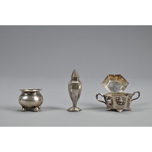 118 - THREE CHINESE SILVER CRUET ITEMS AND PAINTED BOOKLET, EARLY 20TH CENTURY. To include salt pots and s... 