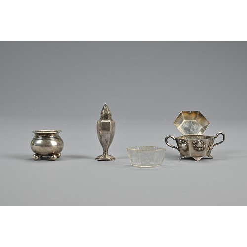 118 - THREE CHINESE SILVER CRUET ITEMS AND PAINTED BOOKLET, EARLY 20TH CENTURY. To include salt pots and s... 