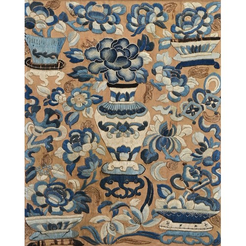 223 - A FRAMED CHINESE SILK EMBROIDERED TEXTILE, 19/20TH CENTURY. Blue and cream silk depicting floral bas... 