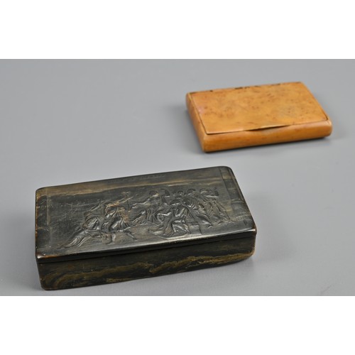 344 - TWO 19TH CENTURY SNUFF-BOXES. The first in pressed horn with the Mort de Socrates, with hinged cover... 