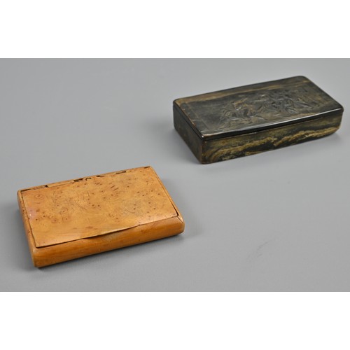 344 - TWO 19TH CENTURY SNUFF-BOXES. The first in pressed horn with the Mort de Socrates, with hinged cover... 