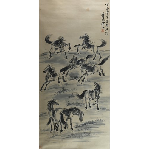 218 - A LARGE CHINESE PRINT ON PAPER, 20TH CENTURY. Of eight horses, with inscription to top right with tw... 