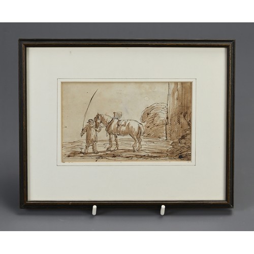 321 - TWO FRAMED WORKS, to include: An ink study of a figure with horse, c.18th century, brown ink and pen... 