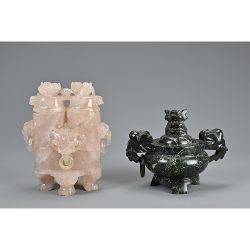 358 - TWO CHINESE CARVED STONE CENSERS, 20TH CENTURY. To include a large rose quartz censer with lion mask... 