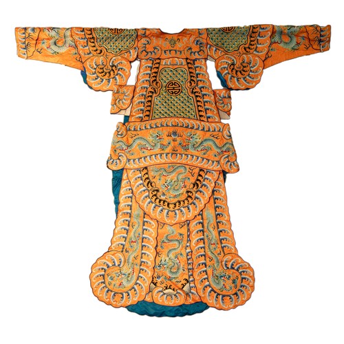 191 - A CHINESE EMBROIDERED OPERA ROBE, 20TH CENTURY. Orange ground decorated with blue silk embroidered d... 