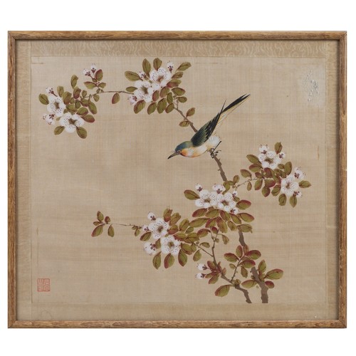 222 - FIVE CHINESE WATERCOLOURS ON SILK WITH ONE PRINT, 20TH CENTURY. Various scenes of birds, landscape s... 