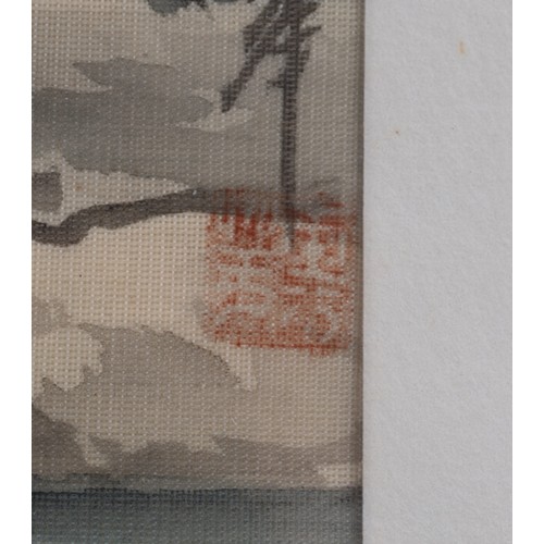 222 - FIVE CHINESE WATERCOLOURS ON SILK WITH ONE PRINT, 20TH CENTURY. Various scenes of birds, landscape s... 