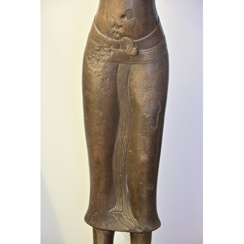 182 - A VERY LARGE AND HEAVY CARVED GREY STONE FIGURE OF FEMALE DEITY, KHMER BAPHUON STYLE. Fitted onto a ... 