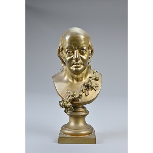 333 - A GILT BRONZE BUST OF A PIERRE JEAN DE BERANGER, 20TH CENTURY. Cast with a rose sash over the should... 