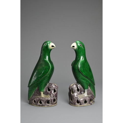 4 - A PAIR OF CHINESE GREEN AND AUBERGINE GLAZED PORCELAIN MODELS OF PARROTS, QING DYNASTY. A mirrored p... 