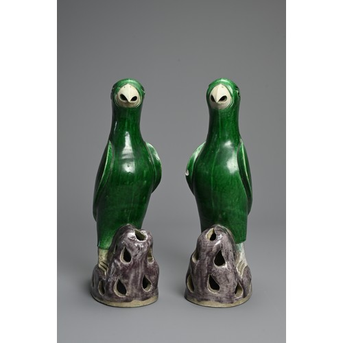 4 - A PAIR OF CHINESE GREEN AND AUBERGINE GLAZED PORCELAIN MODELS OF PARROTS, QING DYNASTY. A mirrored p... 