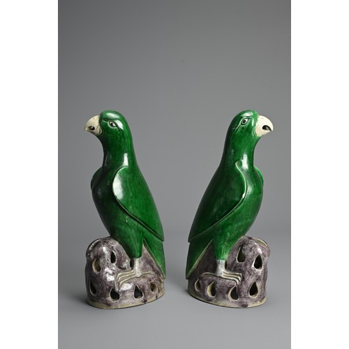 4 - A PAIR OF CHINESE GREEN AND AUBERGINE GLAZED PORCELAIN MODELS OF PARROTS, QING DYNASTY. A mirrored p... 