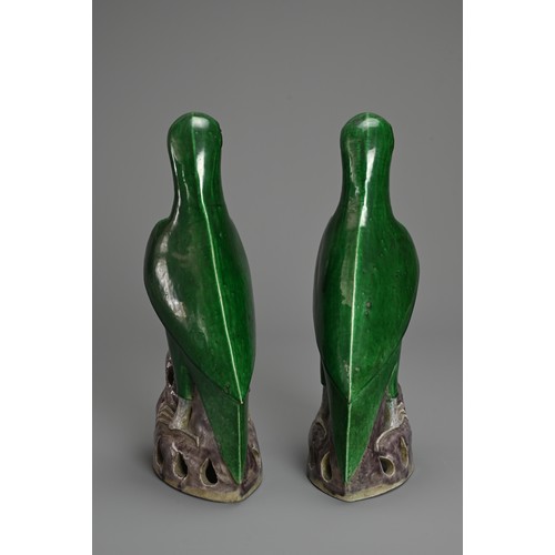 4 - A PAIR OF CHINESE GREEN AND AUBERGINE GLAZED PORCELAIN MODELS OF PARROTS, QING DYNASTY. A mirrored p... 