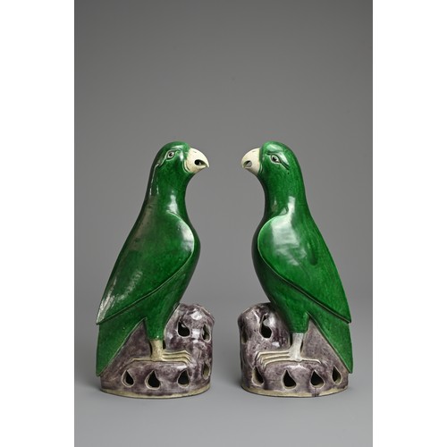 4 - A PAIR OF CHINESE GREEN AND AUBERGINE GLAZED PORCELAIN MODELS OF PARROTS, QING DYNASTY. A mirrored p... 