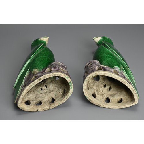 4 - A PAIR OF CHINESE GREEN AND AUBERGINE GLAZED PORCELAIN MODELS OF PARROTS, QING DYNASTY. A mirrored p... 