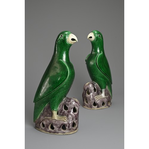 4 - A PAIR OF CHINESE GREEN AND AUBERGINE GLAZED PORCELAIN MODELS OF PARROTS, QING DYNASTY. A mirrored p... 