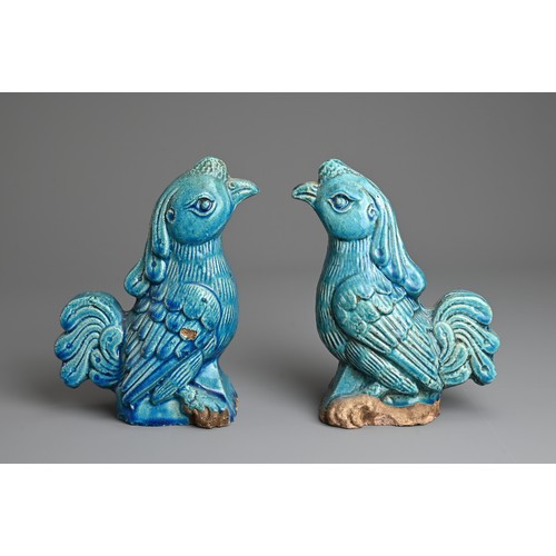 5 - A PAIR OF CHINESE TURQUOISE GLAZED POTTERY MODELS OF PHOENIXES, QING DYNASTY. Probably Guangdong war... 