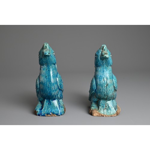 5 - A PAIR OF CHINESE TURQUOISE GLAZED POTTERY MODELS OF PHOENIXES, QING DYNASTY. Probably Guangdong war... 