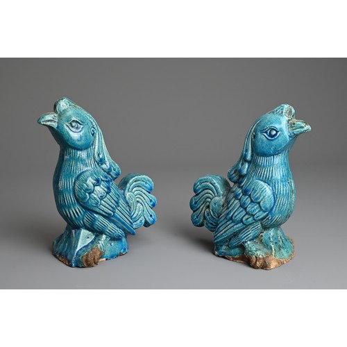 5 - A PAIR OF CHINESE TURQUOISE GLAZED POTTERY MODELS OF PHOENIXES, QING DYNASTY. Probably Guangdong war... 