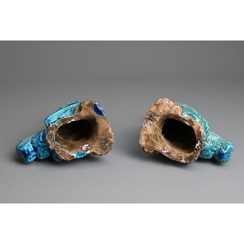 5 - A PAIR OF CHINESE TURQUOISE GLAZED POTTERY MODELS OF PHOENIXES, QING DYNASTY. Probably Guangdong war... 