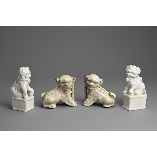 8 - TWO PAIRS OF CHINESE PORCELAIN JOSS STICK HOLDERS, QING DYNASTY. In the form of lion dogs, seated wi... 