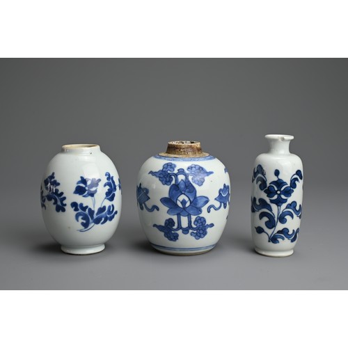 24 - THREE CHINESE BLUE AND WHITE PORCELAIN ITEMS, 18TH CENTURY. Of varying forms decorated in a rich und... 