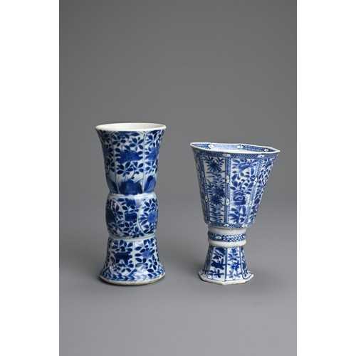 27 - TWO CHINESE BLUE AND WHITE PORCELAIN ITEMS, 18TH CENTURY. TO include a Gu vase with leaf mark to bas... 